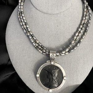 French Kande three strand gray pearl necklace with Ministry Medallion